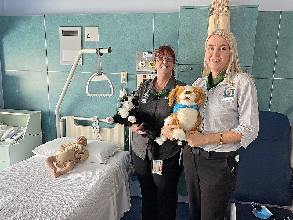 Friendlies Foundation Coordinator Julie Anderson presenting the new companions to Unit Five Nurse Unit Manager Donna Habermann.